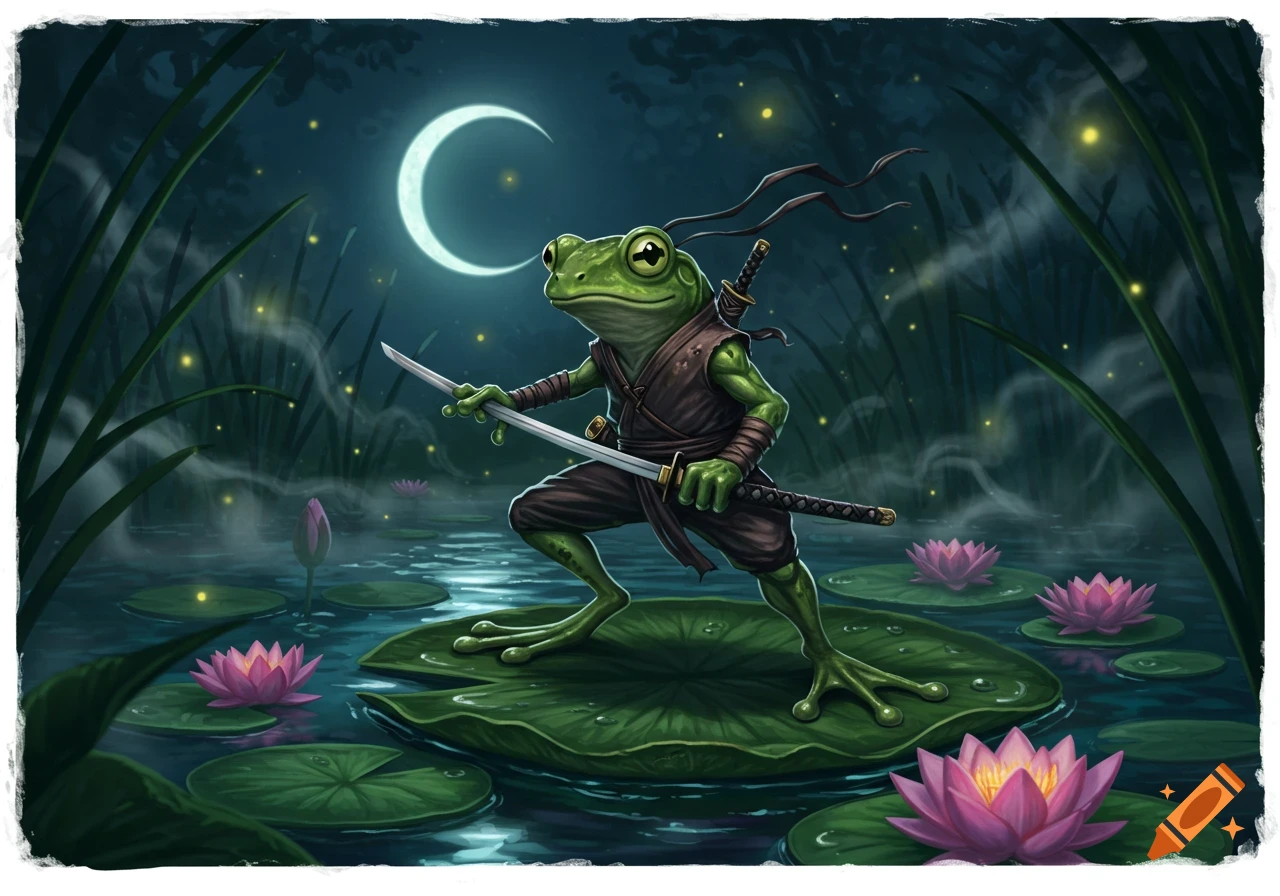 A fantasy illustration of a frog ninja standing on a lily pad, armed with two katanas, in a moonlit pond with pink water lilies.
