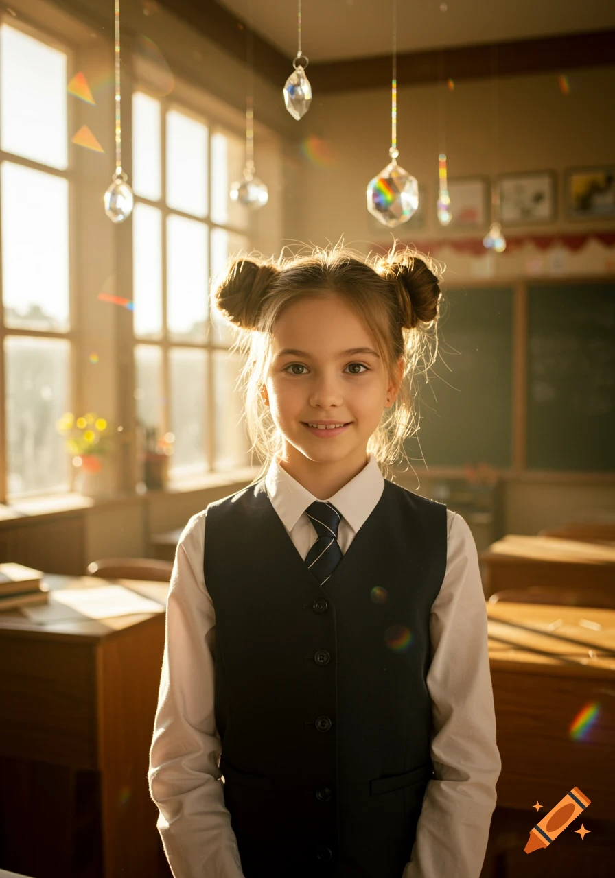 Photorealistic portrait of a smiling young girl with space buns in a white shirt and navy vest in a sunny classroom.