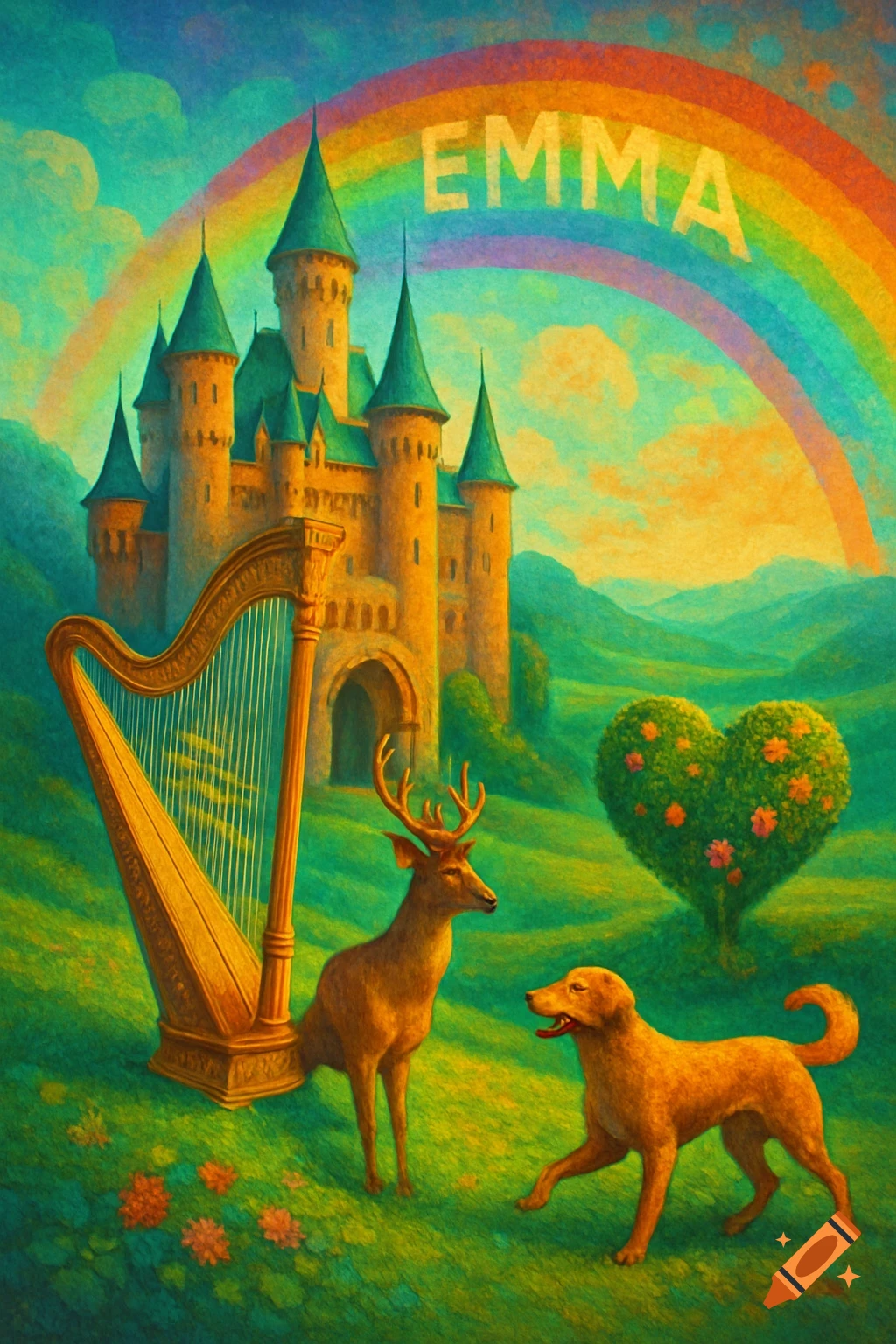A vibrant, whimsical landscape with a castle, a golden harp, a deer, and a dog. A rainbow with the name 'EMMA' arcs over the scene.