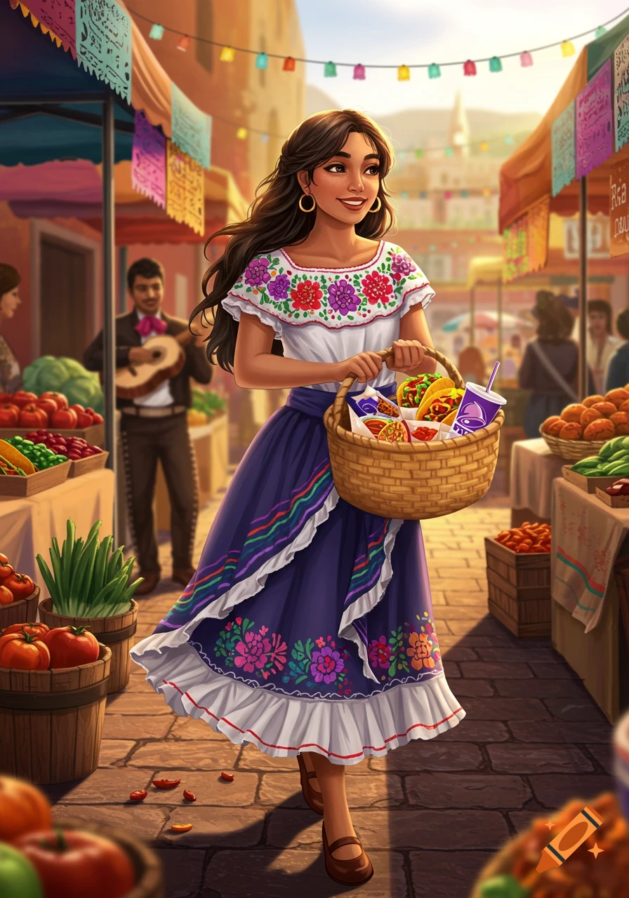 A stylized illustration of a senorita in a colorful dress carrying a basket of Taco Bell items through a bustling outdoor market.