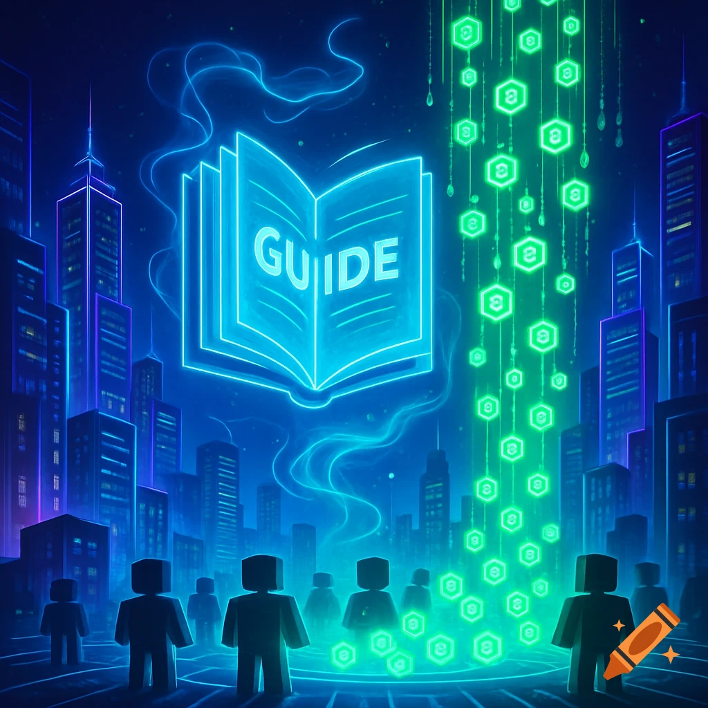 Block-like figures in a futuristic city look up at a glowing 'GUIDE' book and raining green hexagonal symbols.