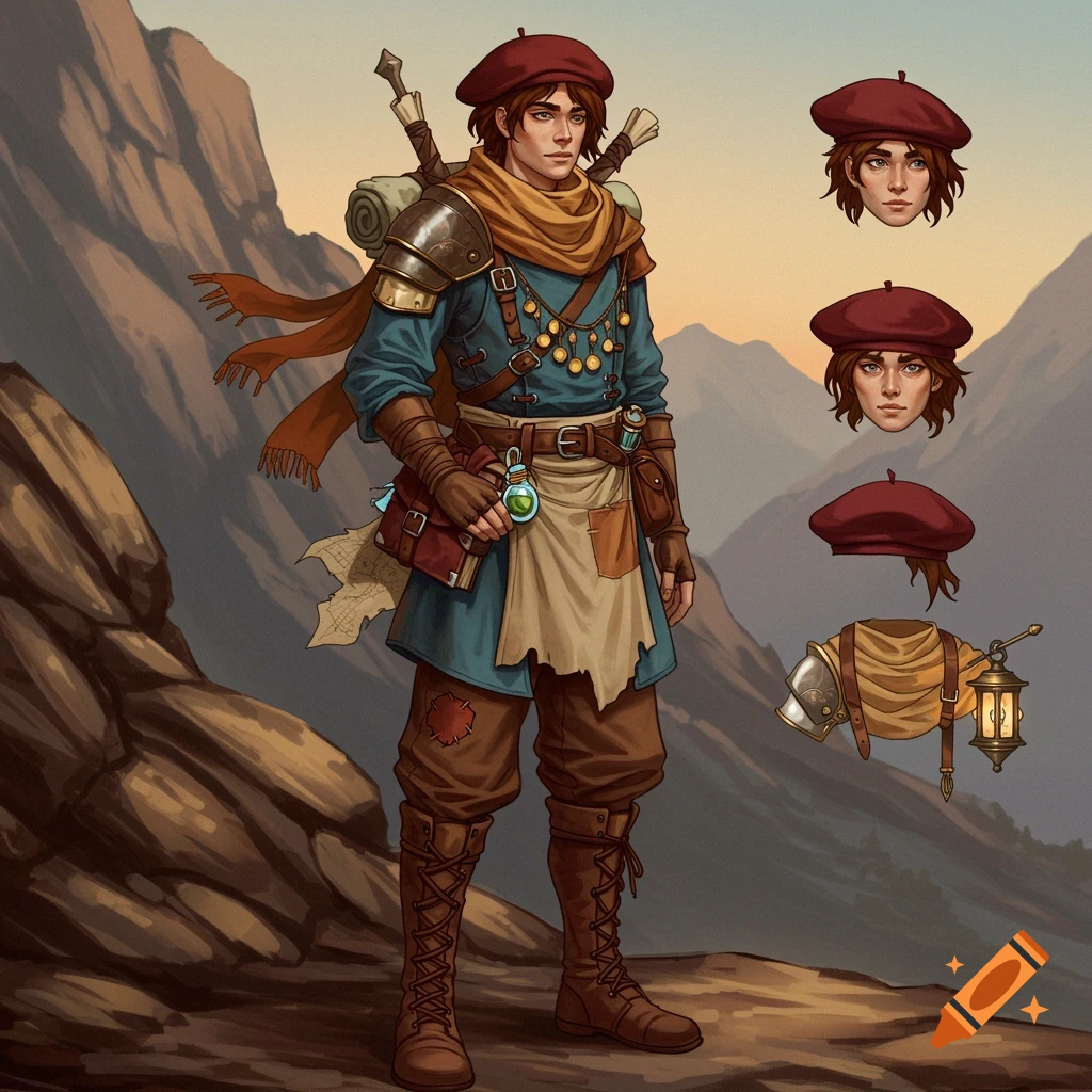 Digital illustration of a male fantasy adventurer in a red beret and travel gear, with character details, against mountains.