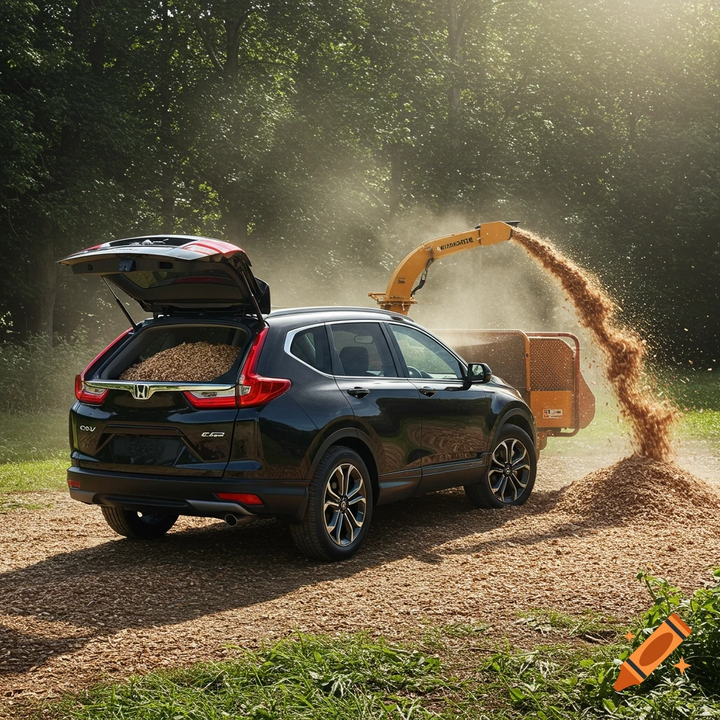 Black Honda CR-V SUV getting woodchips loaded into its open trunk by a yellow woodchipper in a sunny forest clearing.