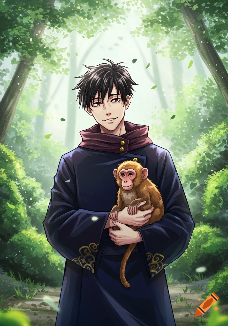 Anime character Suguru Geto from Jujutsu Kaisen smiling and holding a monkey in a lush green forest.