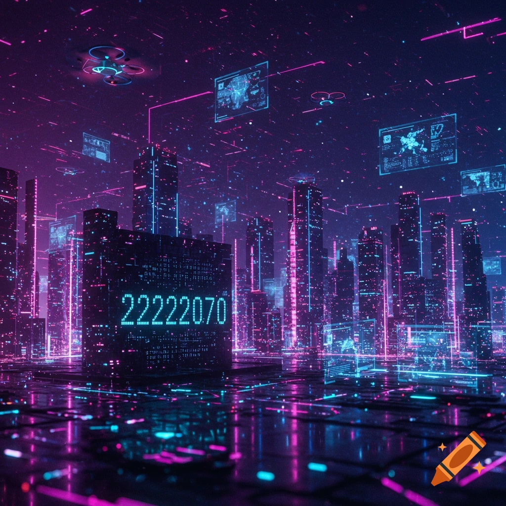 A neon-lit cyberpunk city at night with towering skyscrapers, glowing lines, flying drones, and the number '22222070' displayed on a building.