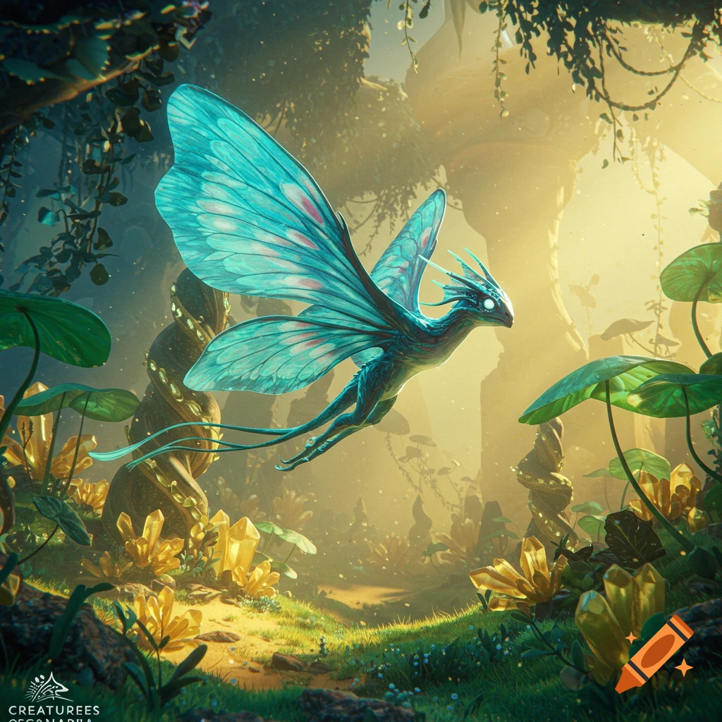 A teal butterfly-like fantasy creature with intricate wings flies through a luminous forest filled with glowing yellow crystals.