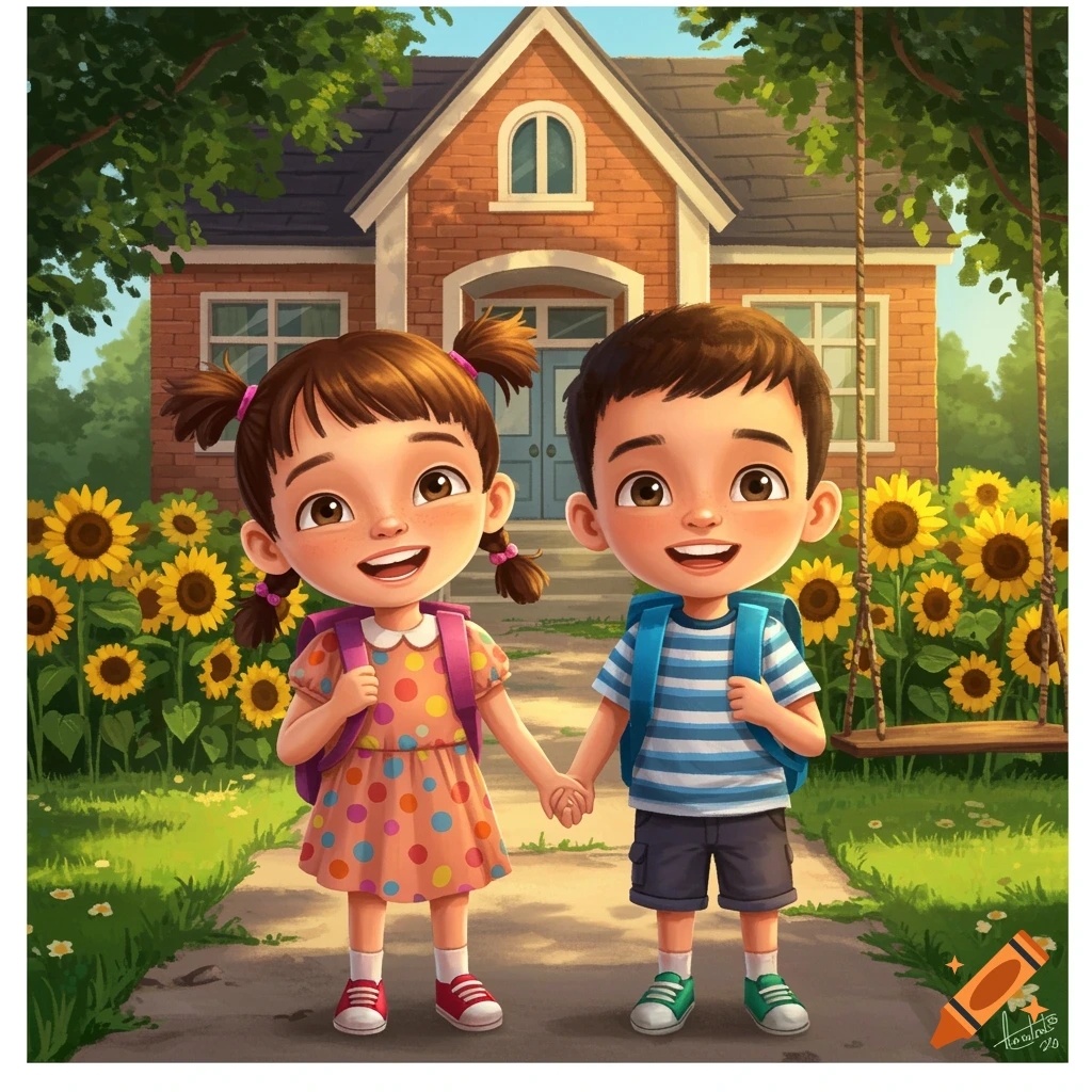 A cartoon illustration of a smiling boy and girl with backpacks holding hands in front of a brick house surrounded by sunflowers.