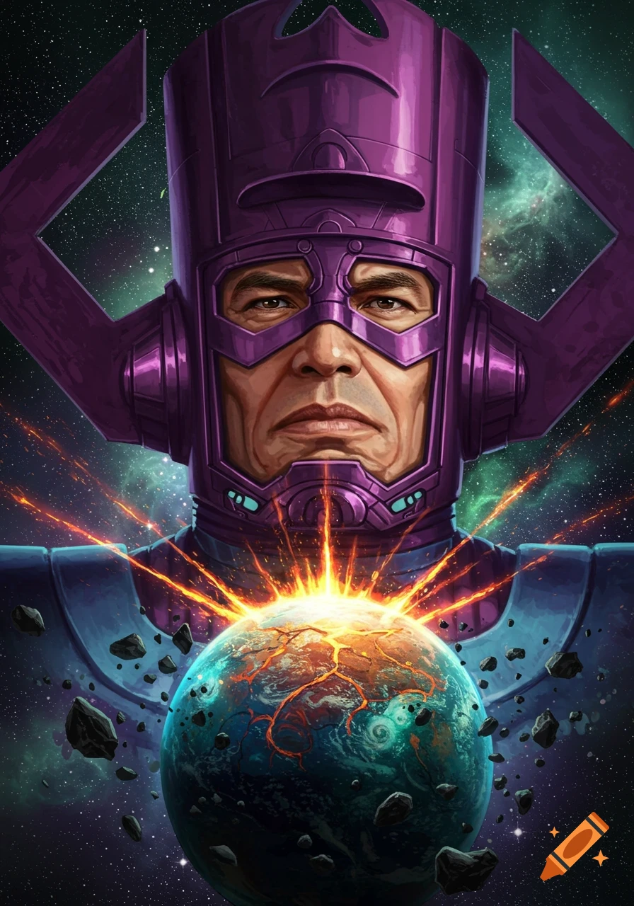 Galactus with Gus Fring's face in purple armor, destroying a planet in space with glowing energy.