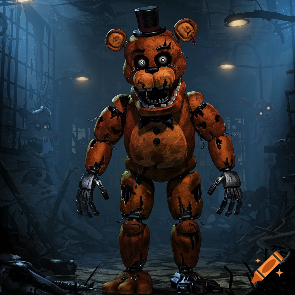 A broken, rusted Freddy Fazbear animatronic stands in a dark, dilapidated room with other blurry animatronics. Stylized art.