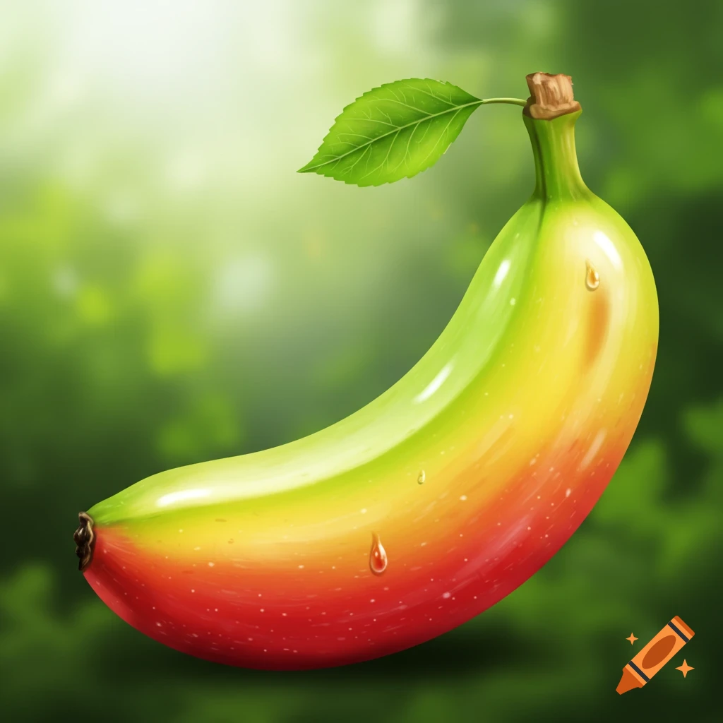 A vibrant banana with a red, yellow, and green gradient, resembling an apple's colors, with water droplets and a green leaf. It's against a blurred green background.