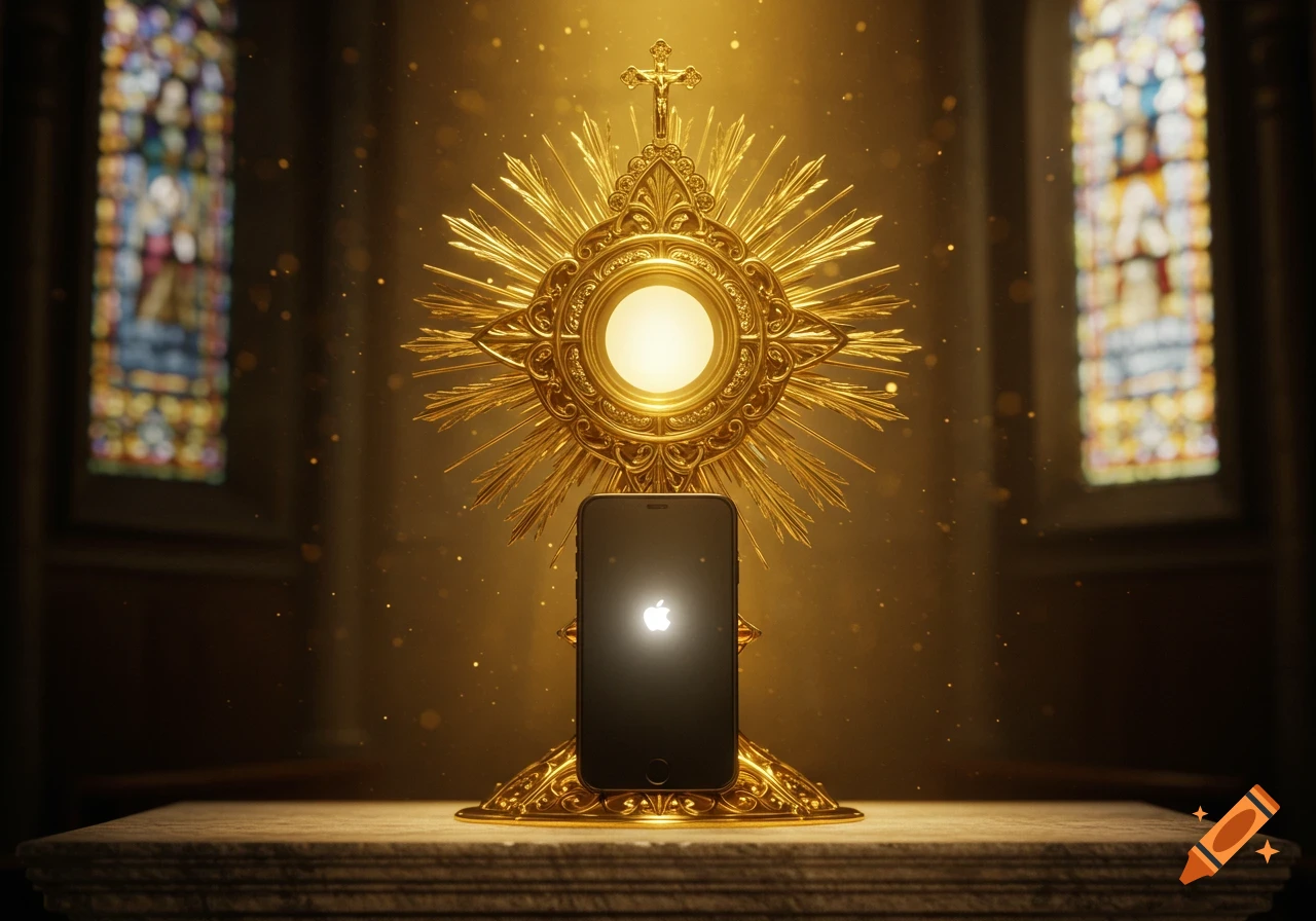 A golden monstrance with a crucifix holds a black iPhone displaying a glowing Apple logo, set in a dimly lit church with stained-glass windows and ethereal light.