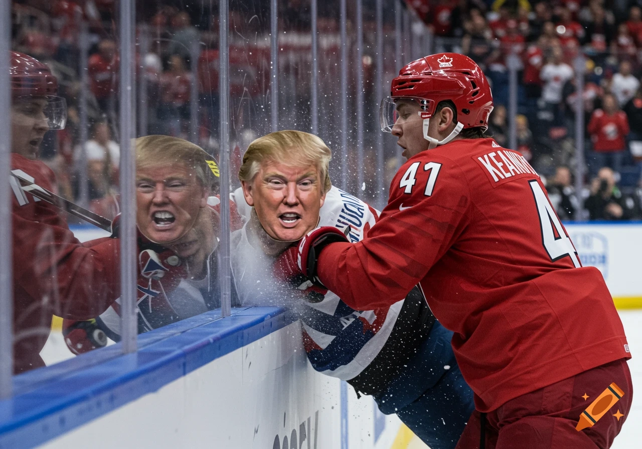 Photorealistic image of a hockey player in a red uniform checking a player with Donald Trump's face against the glass.
