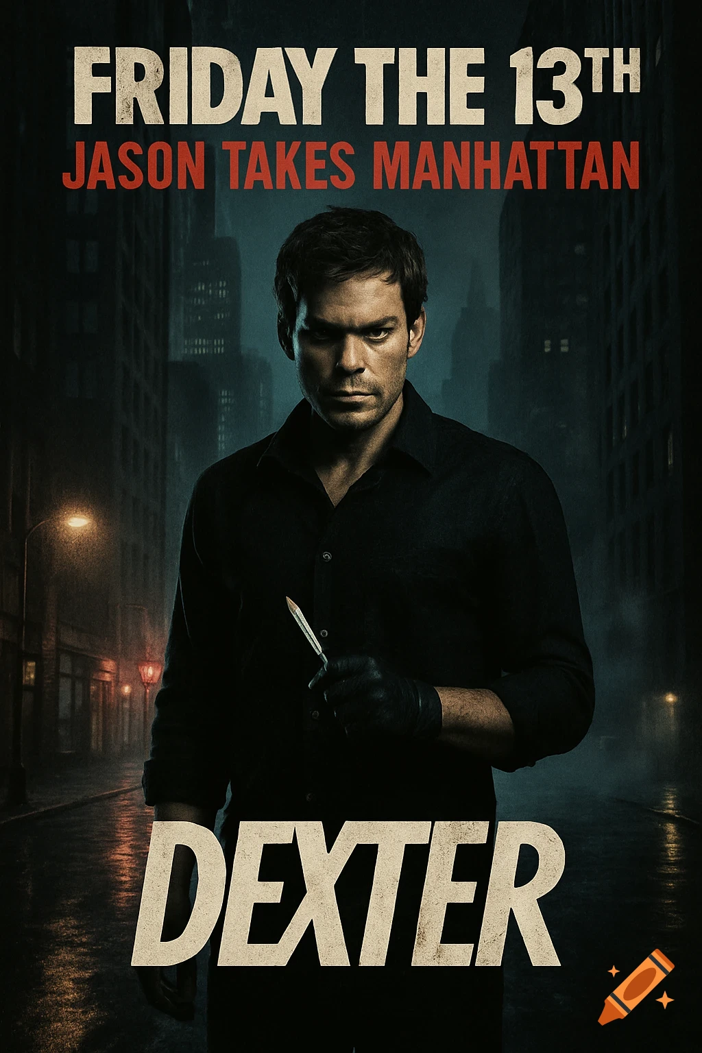 A dark movie poster for 'Friday the 13th Jason Takes Manhattan' featuring Dexter Morgan in a city, holding a scalpel, in a realistic, gritty style.