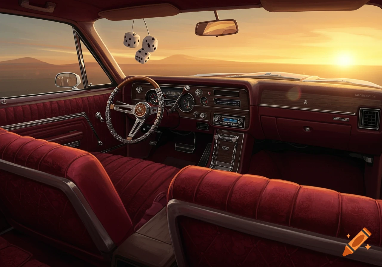 An illustration of the interior of a vintage car at sunset, featuring red quilted seats, a chain steering wheel, detailed dashboard, and fuzzy dice hanging from the rearview mirror.