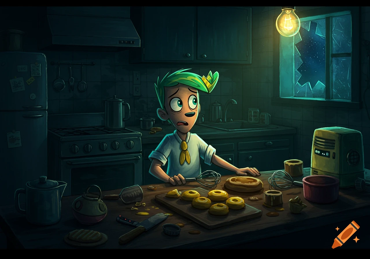 A green-haired cartoon boy with a worried expression bakes in a dark kitchen with a broken window.
