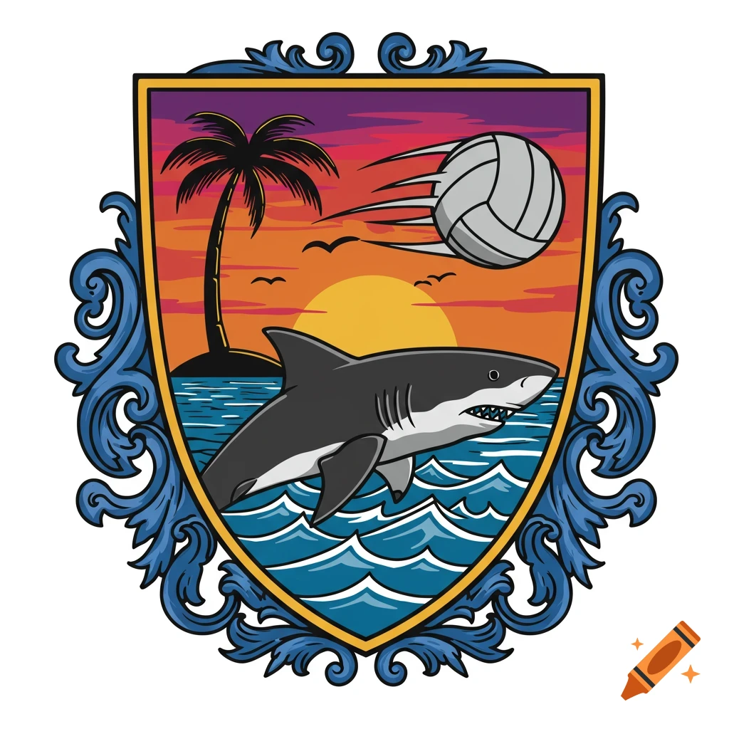 A colorful, stylized coat of arms with a shark, palm tree, sunset, and volleyball over ocean waves.
