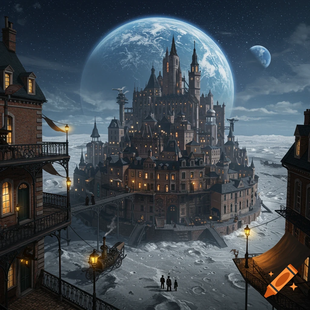 A detailed, dark fantasy image of a sprawling Victorian-steampunk city on a cratered moon surface, with a large blue planet in the night sky.