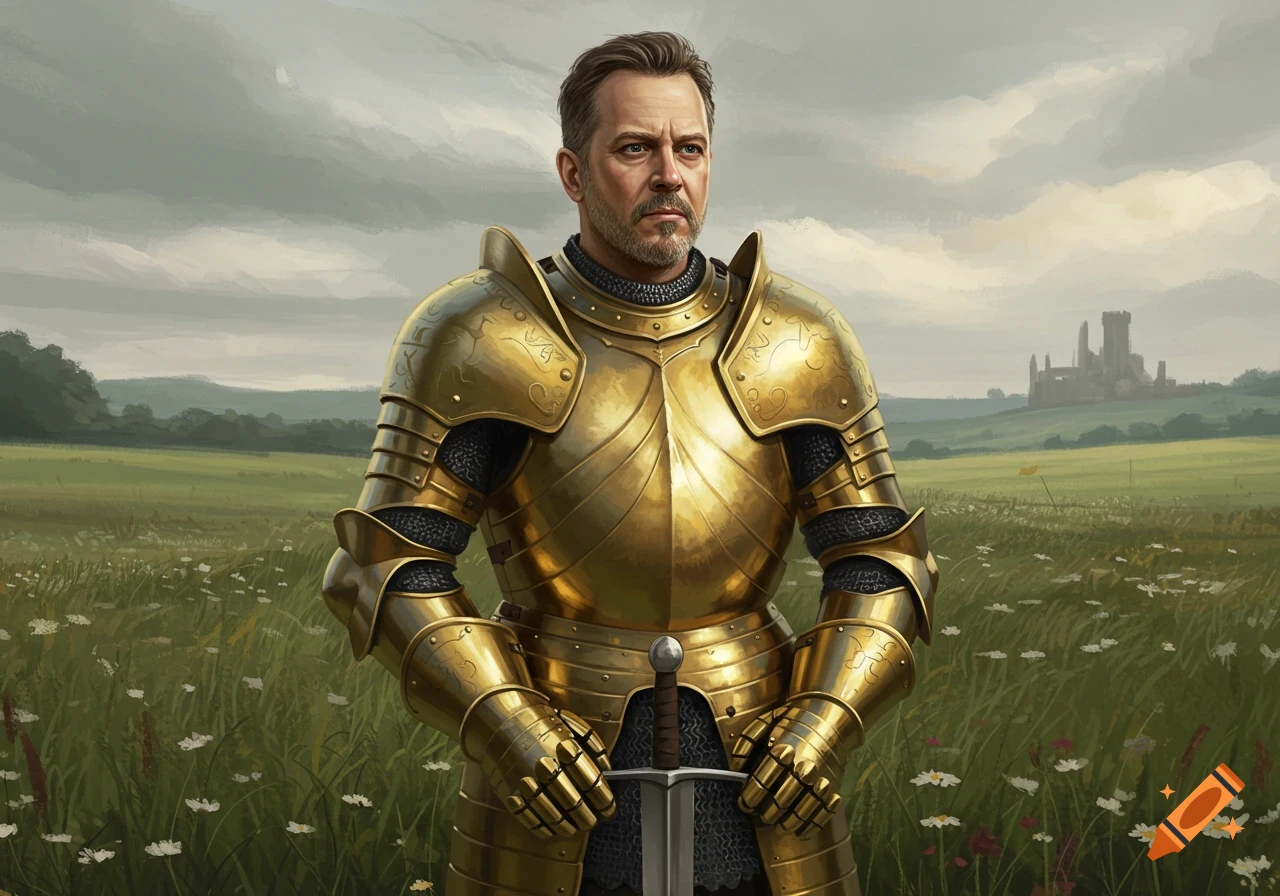 A man in golden knight armor stands in a grassy field, holding a sword. A castle is visible in the distance under a cloudy sky.