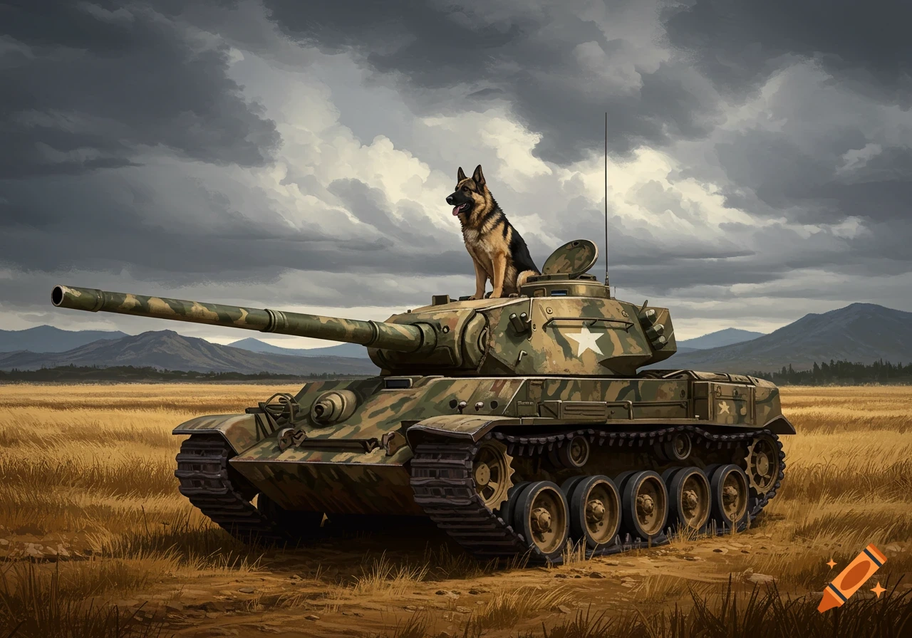 A German Shepherd dog sits atop a camouflage military tank in a grassy field under a cloudy sky, in a realistic painting style.