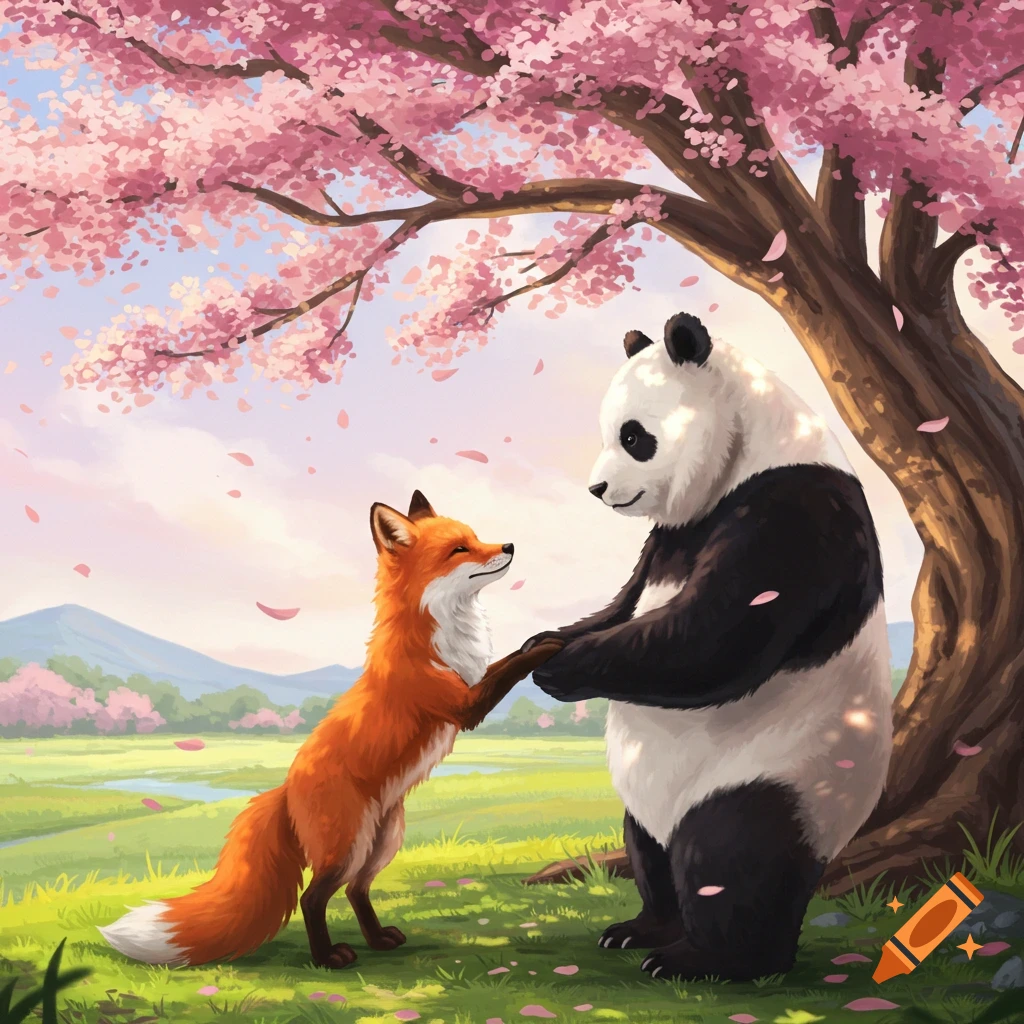 An illustrative image of a panda and a fox holding hands under a pink cherry blossom tree in a sunny field.