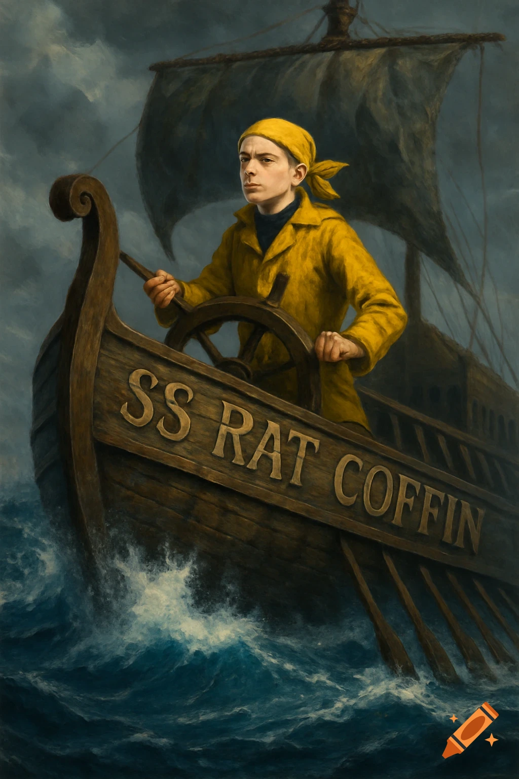 A teenager in a yellow coat and bandana steers a wooden ship, 'SS RAT COFFIN', through stormy seas. Painterly style.