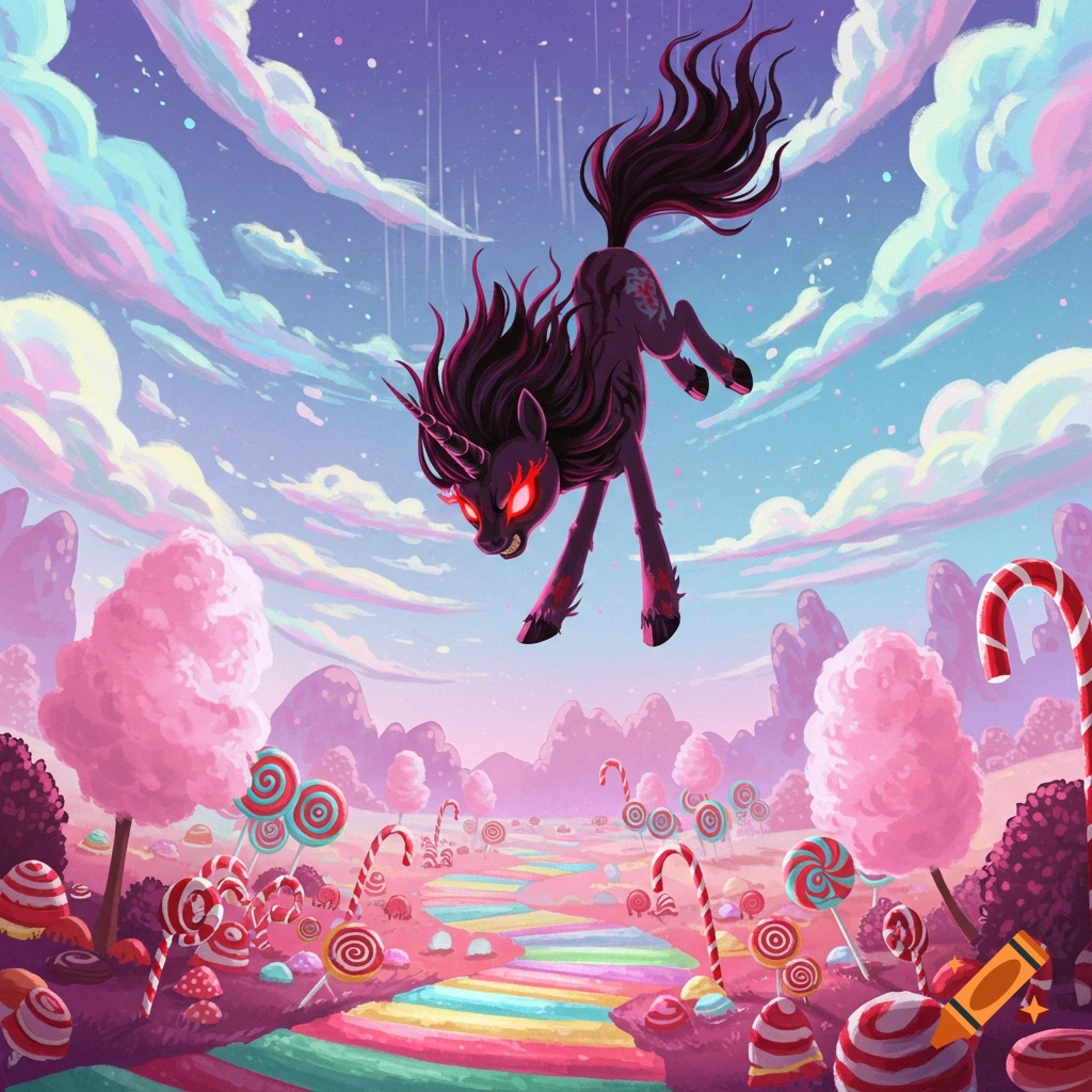 An evil-looking cartoon unicorn with glowing red eyes falls from the sky into a vibrant candy land filled with lollipops and cotton candy trees.