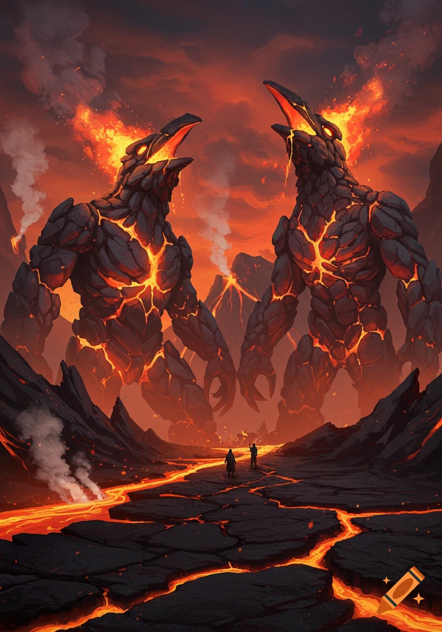 Two colossal lava monsters with glowing cracks and fiery beaks face tiny humans in a volcanic landscape with flowing lava.