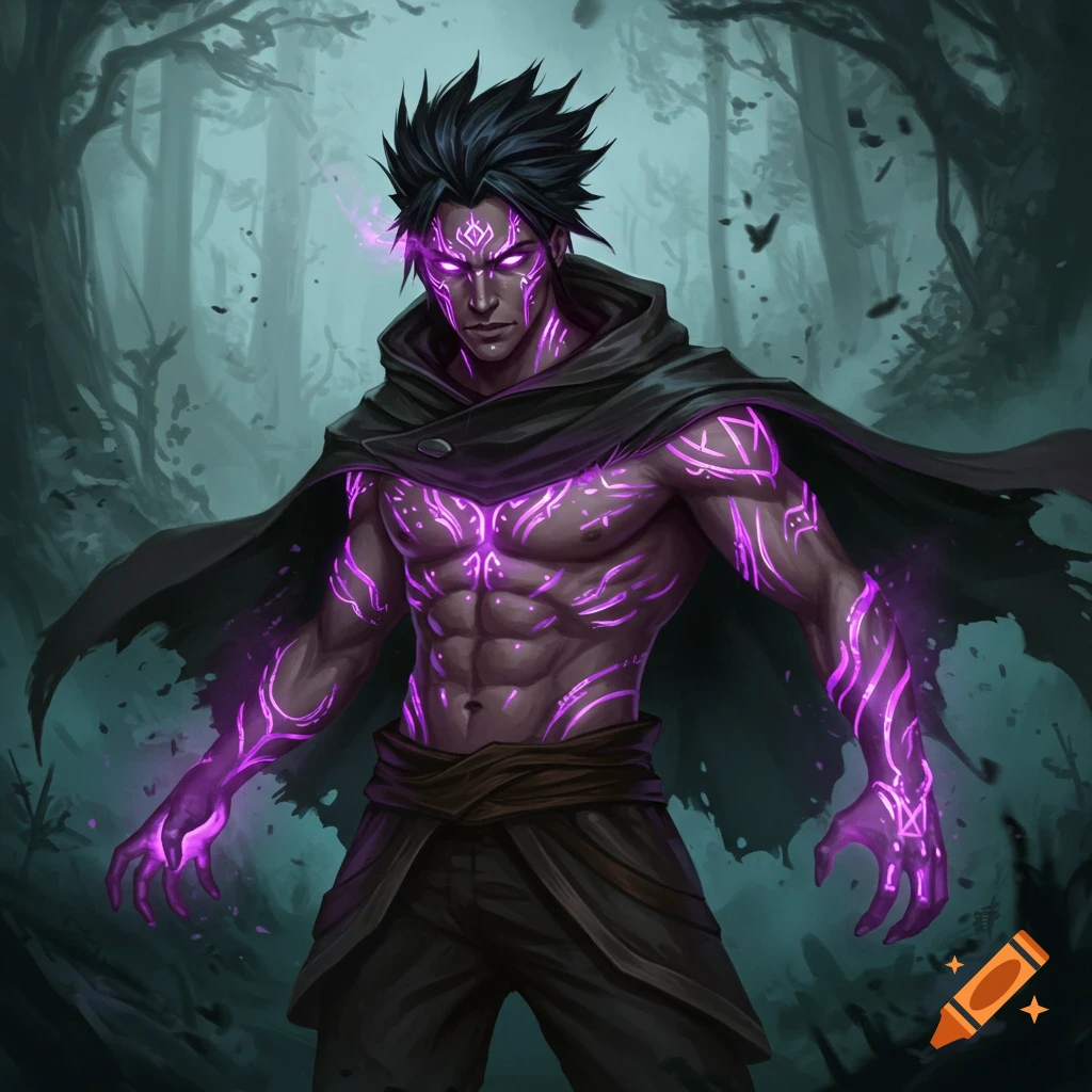 A male character with spiky black hair, glowing purple eyes, and purple mystic runes on his bare chest, wearing a dark hooded cloak in a misty forest, digital art.