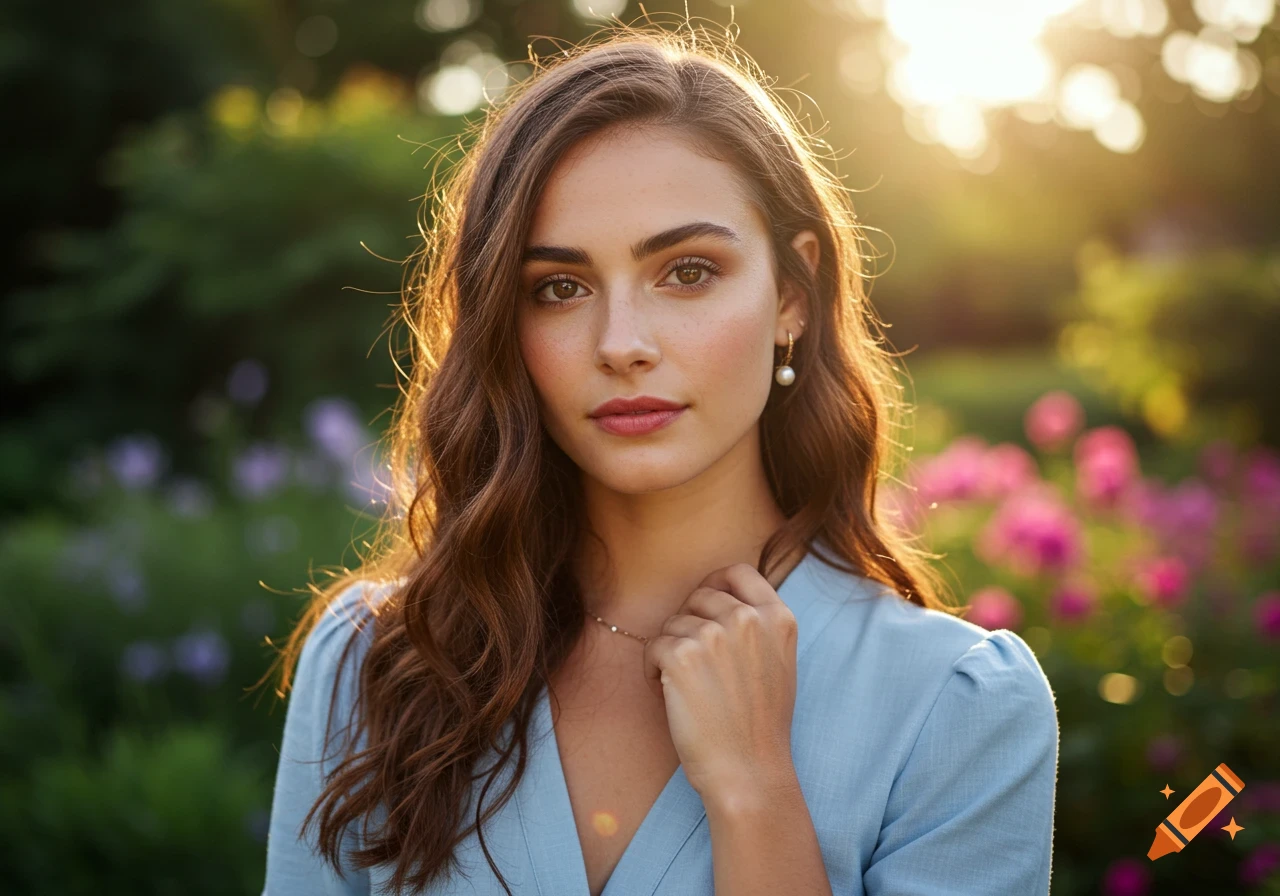 Photorealistic portrait of a young woman with wavy brown hair in a light blue top, backlit by golden sun in a lush garden.