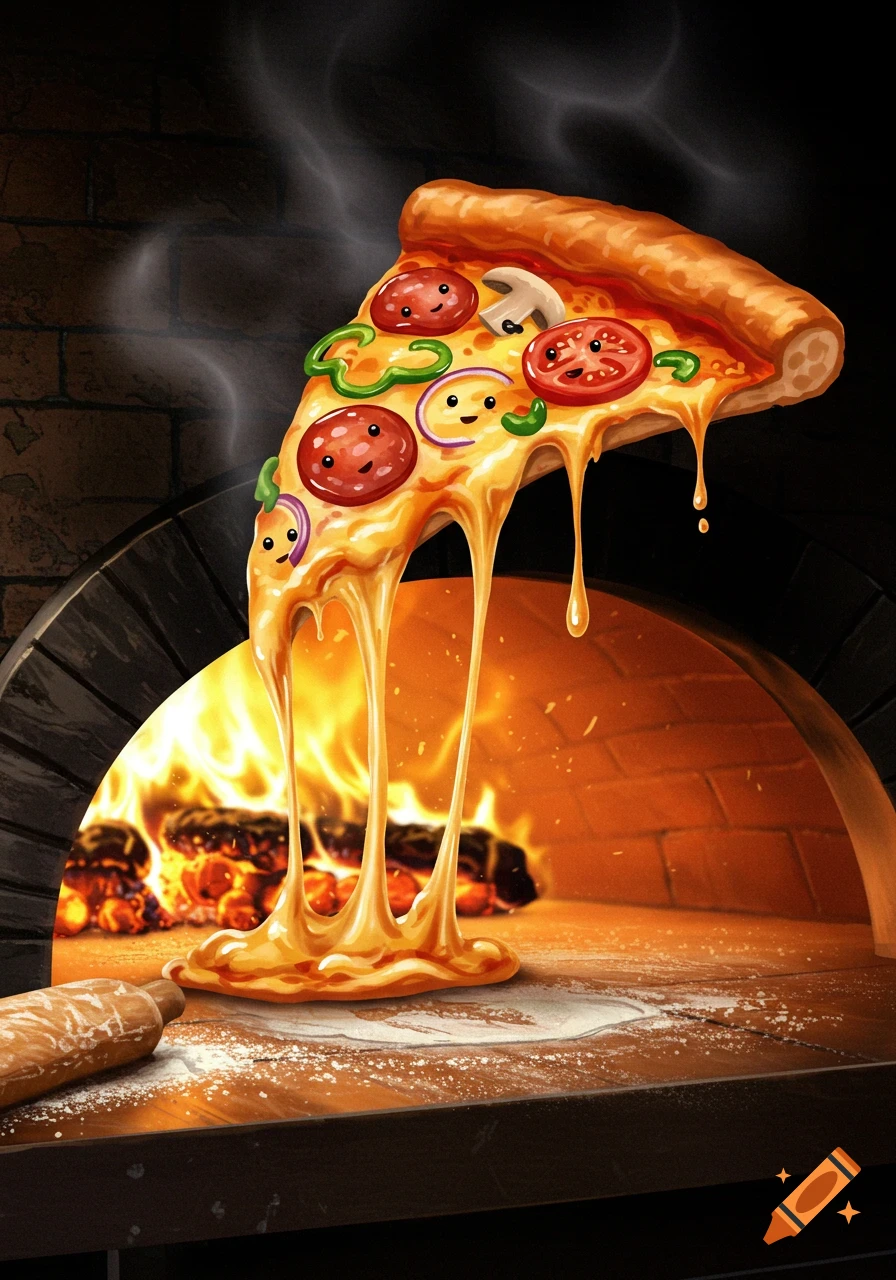 Whimsical illustration of a slice of pizza with cartoon faces on its toppings, dripping cheese over a fiery brick pizza oven.