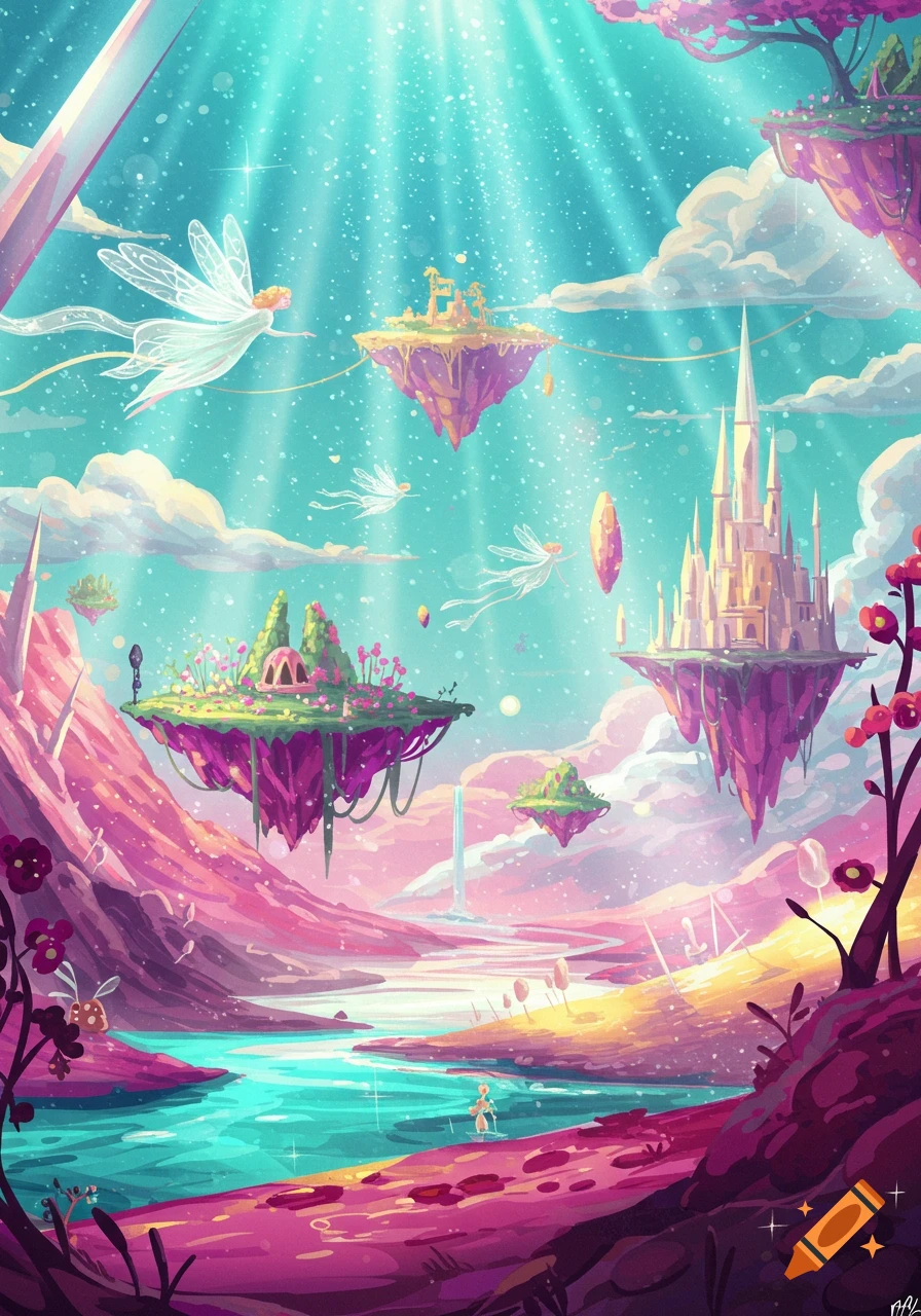 Vibrant fantasy landscape illustration with floating islands, a castle, fairies, and a luminous river under a sparkling sky.
