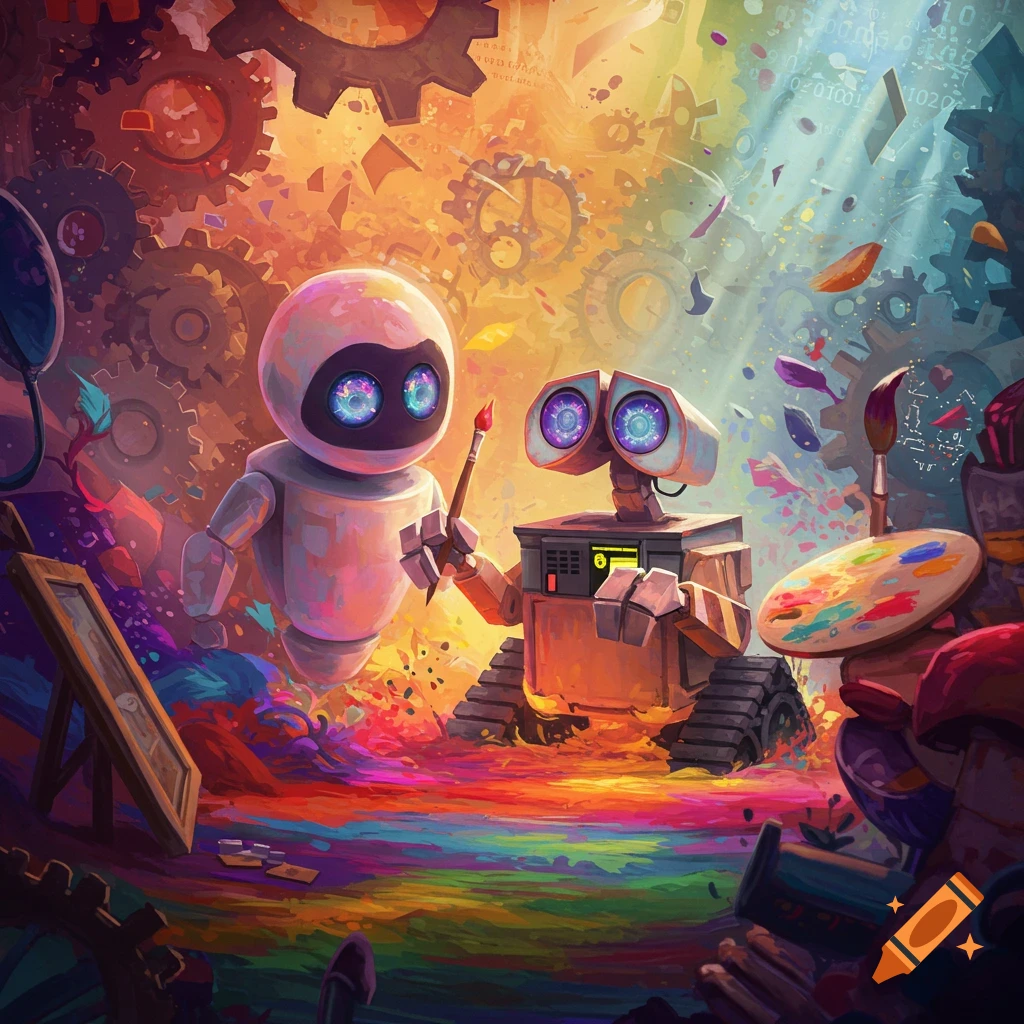 Stylized Wall-E and EVE-like robots in a vibrant, artistic landscape with gears and paint, Wall-E holding a paintbrush.
