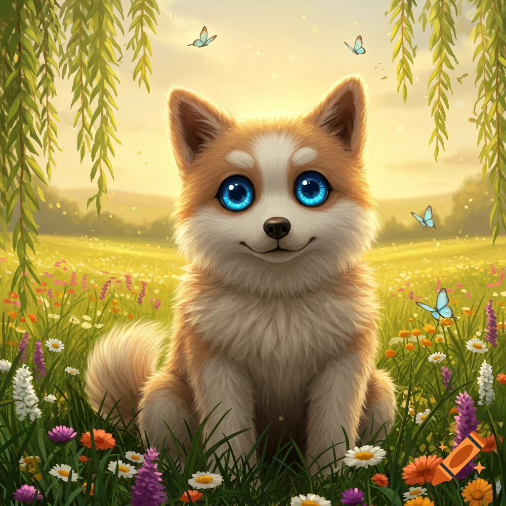 A cute, fluffy puppy with big blue eyes sits in a sunny field of colorful wildflowers with butterflies and willow branches.
