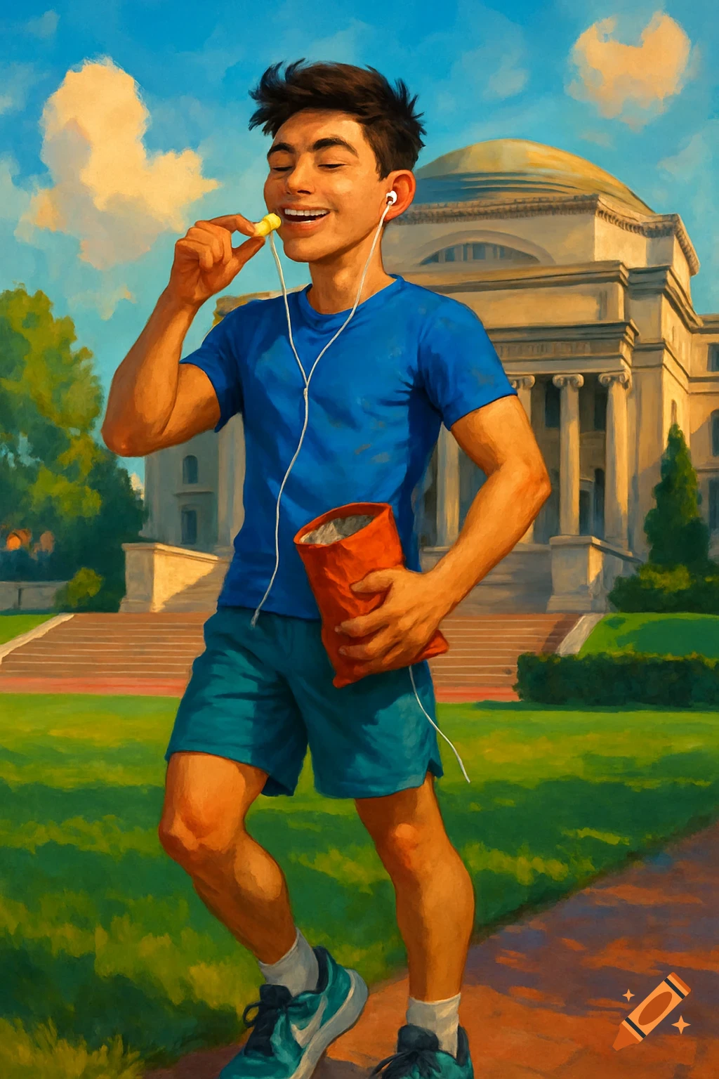 Painterly illustration of a happy Eurasian teenage boy eating a chip, listening to music, walking near a university building.