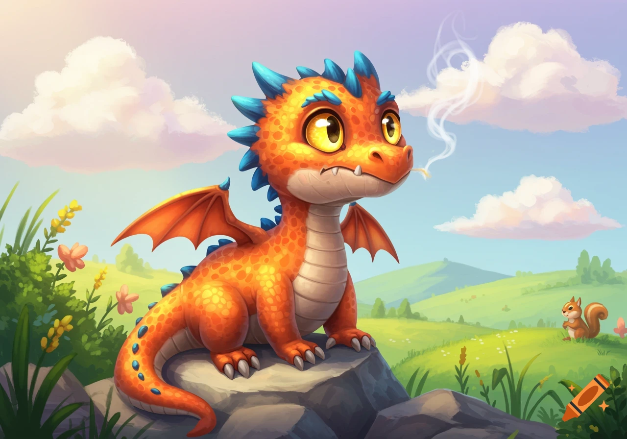 A cute, orange baby dragon with blue spikes sits on rocks in a grassy field, smoke curling from its mouth. A squirrel is in the background. Cartoon style illustration.