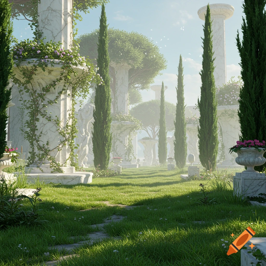 A serene, photorealistic Greek garden with tall cypress trees, white marble columns covered in vines, and a stone path through lush green grass.