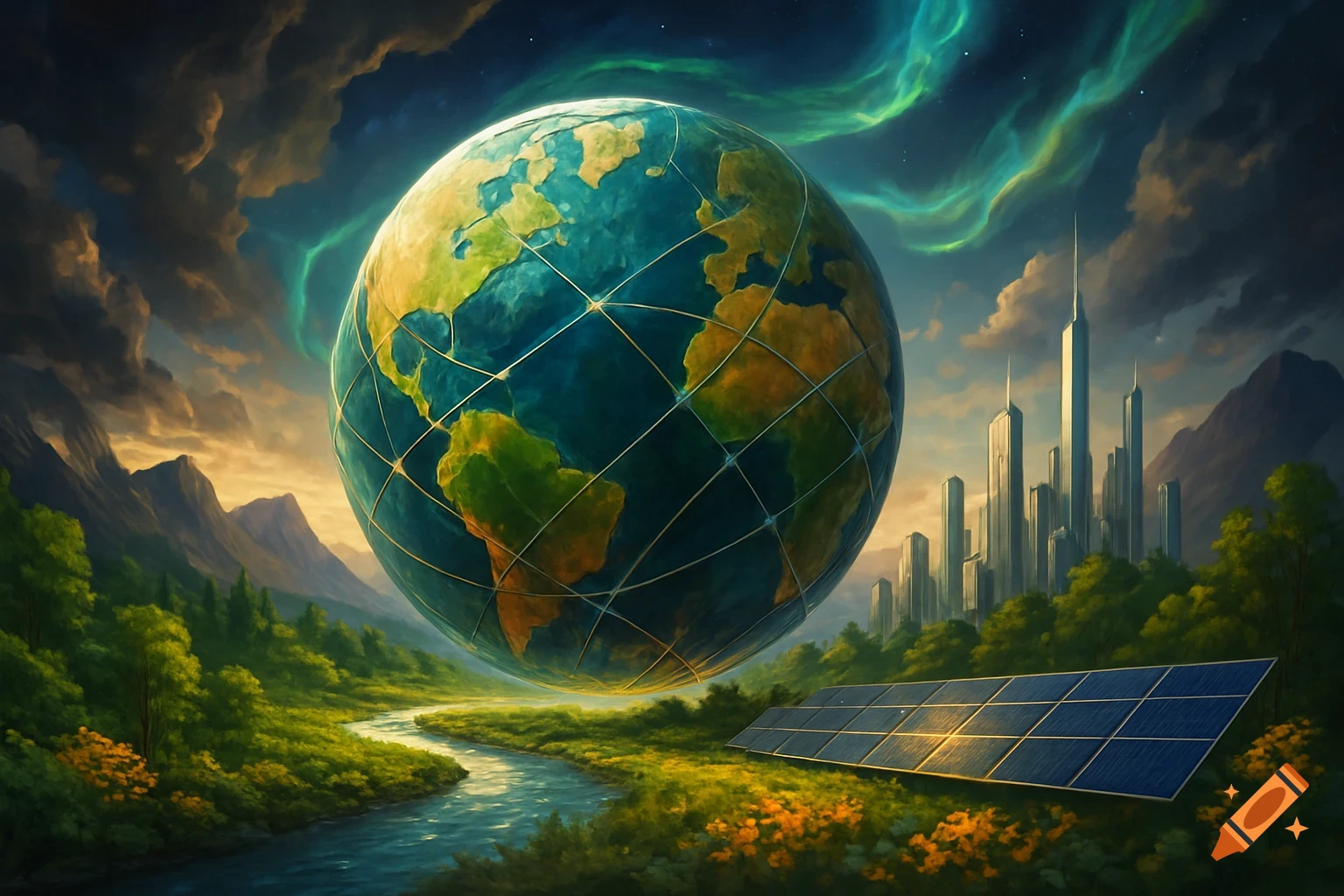 A digitally painted giant Earth globe floats above a green landscape with a river, a futuristic city, and solar panels under an aurora sky.