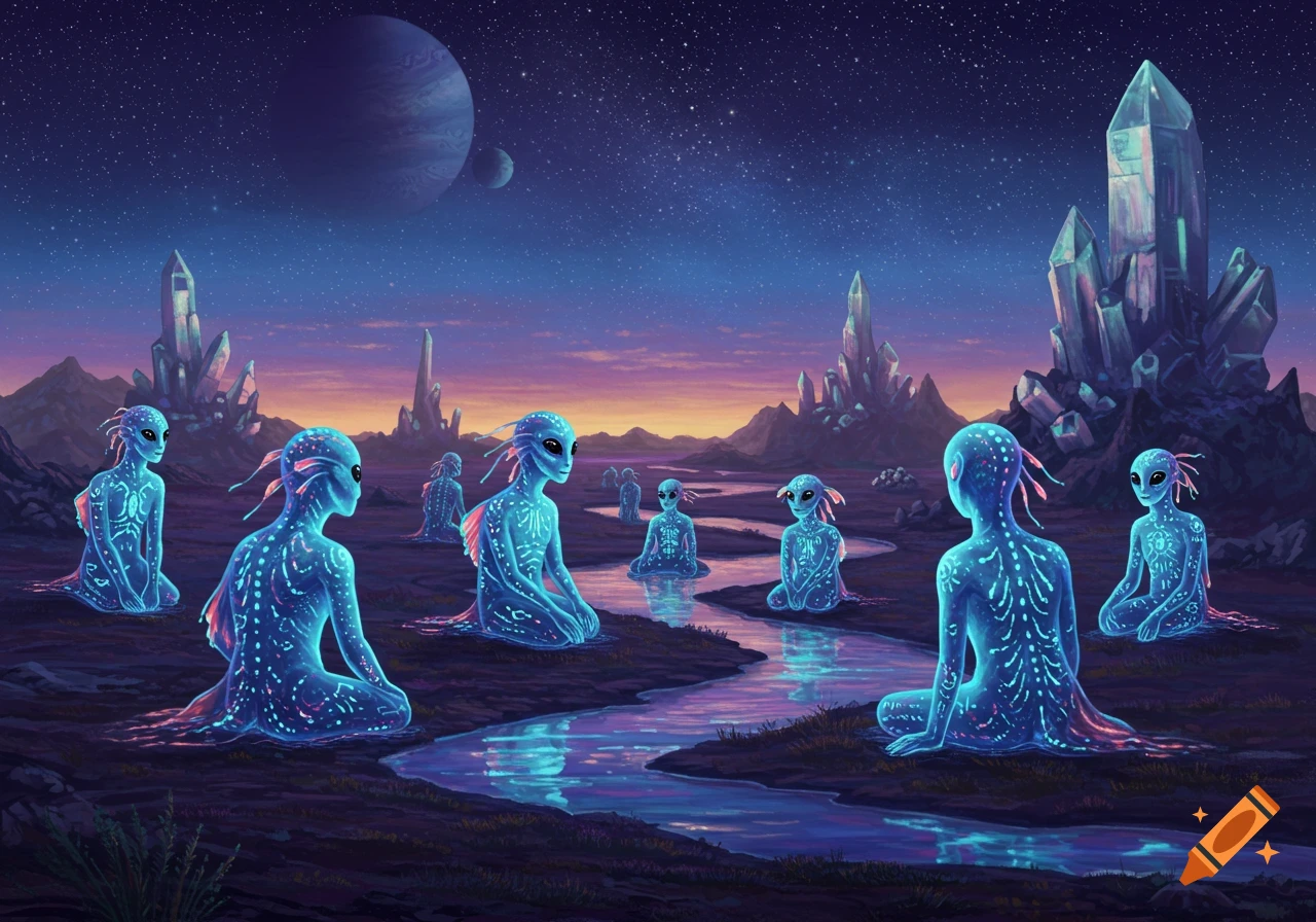 Glowing blue aliens sit around a reflective stream on a purple alien planet with crystal formations and distant planets in a starry night sky.