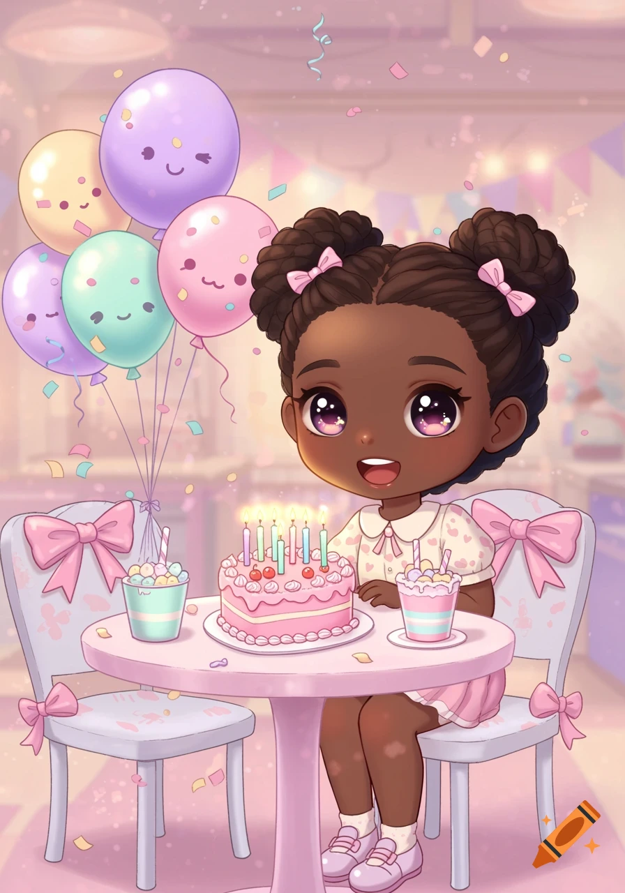Kawaii African girl with space buns and pink bows, celebrating her birthday with a pink cake, candles, and pastel balloons.