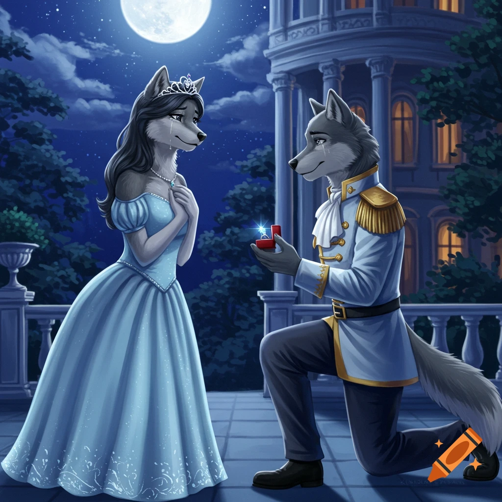 A male anthropomorphic wolf in a prince outfit proposes to a female anthropomorphic wolf in a blue princess gown under a full moon in front of a mansion.