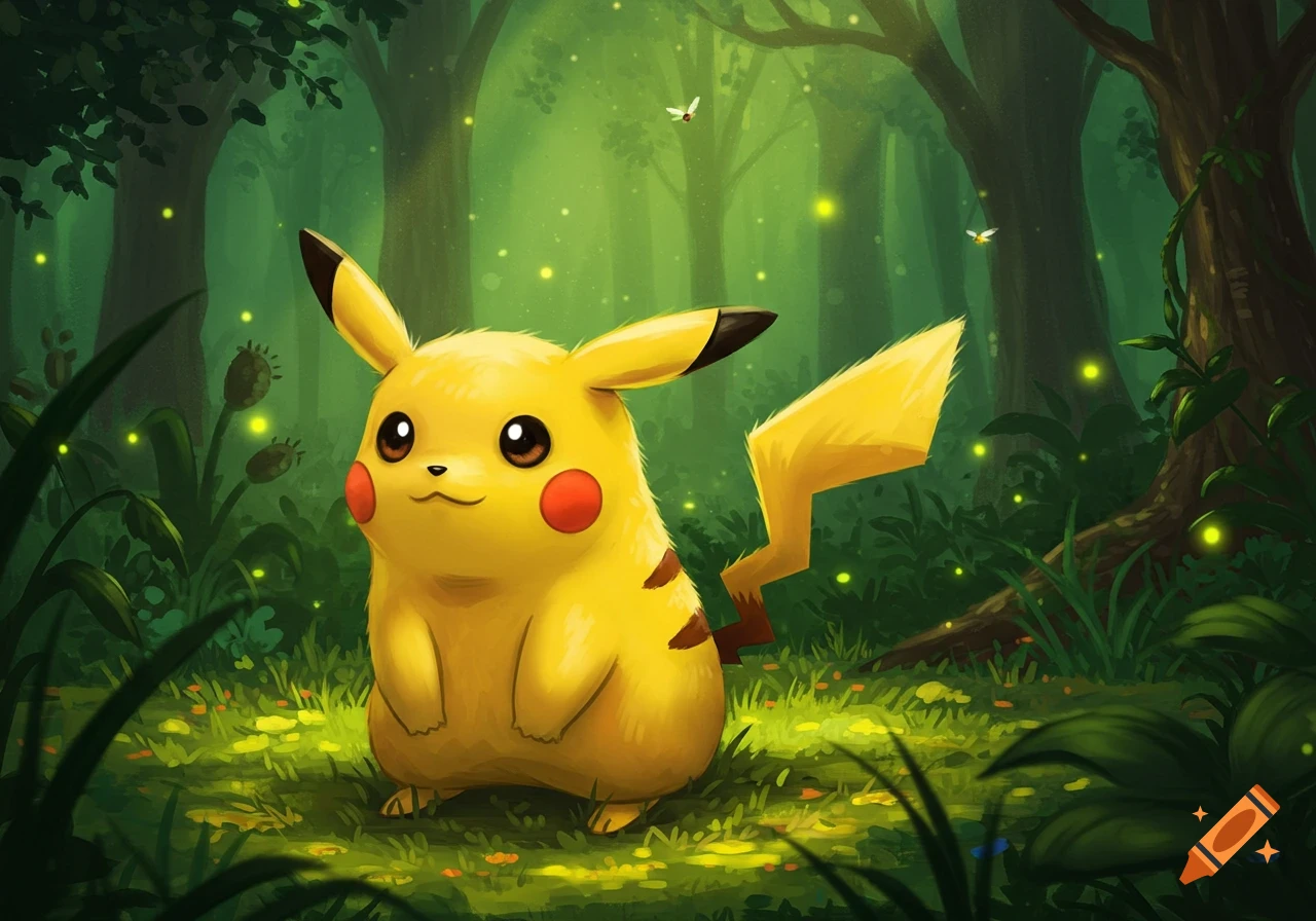 A cute yellow Pikachu stands in a lush green forest filled with glowing fireflies, in an illustrated style.