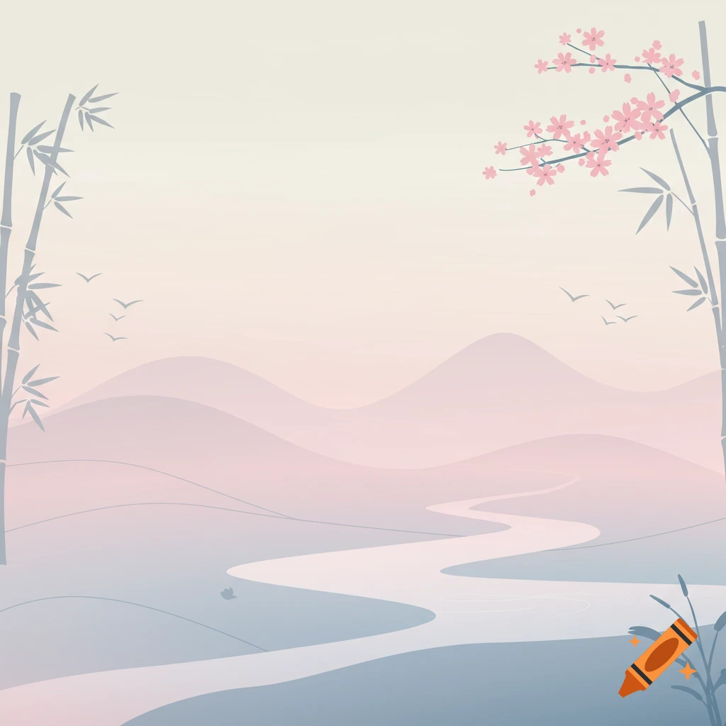 Stylized landscape with bamboo, cherry blossoms, rolling mountains, and a winding river under a pastel sky.