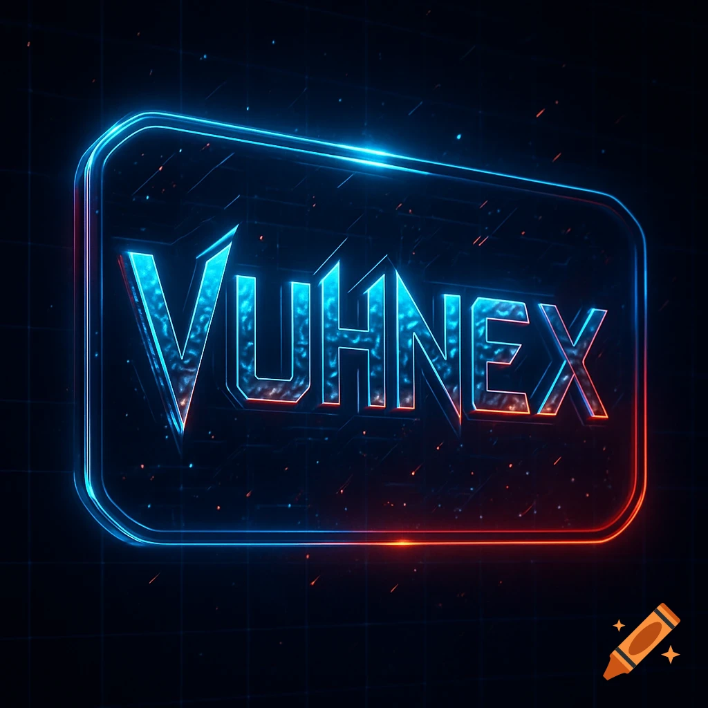 A glowing blue and red neon-style logo displaying the text 'VUHNEX' on a dark, circuit-board background with small particles.