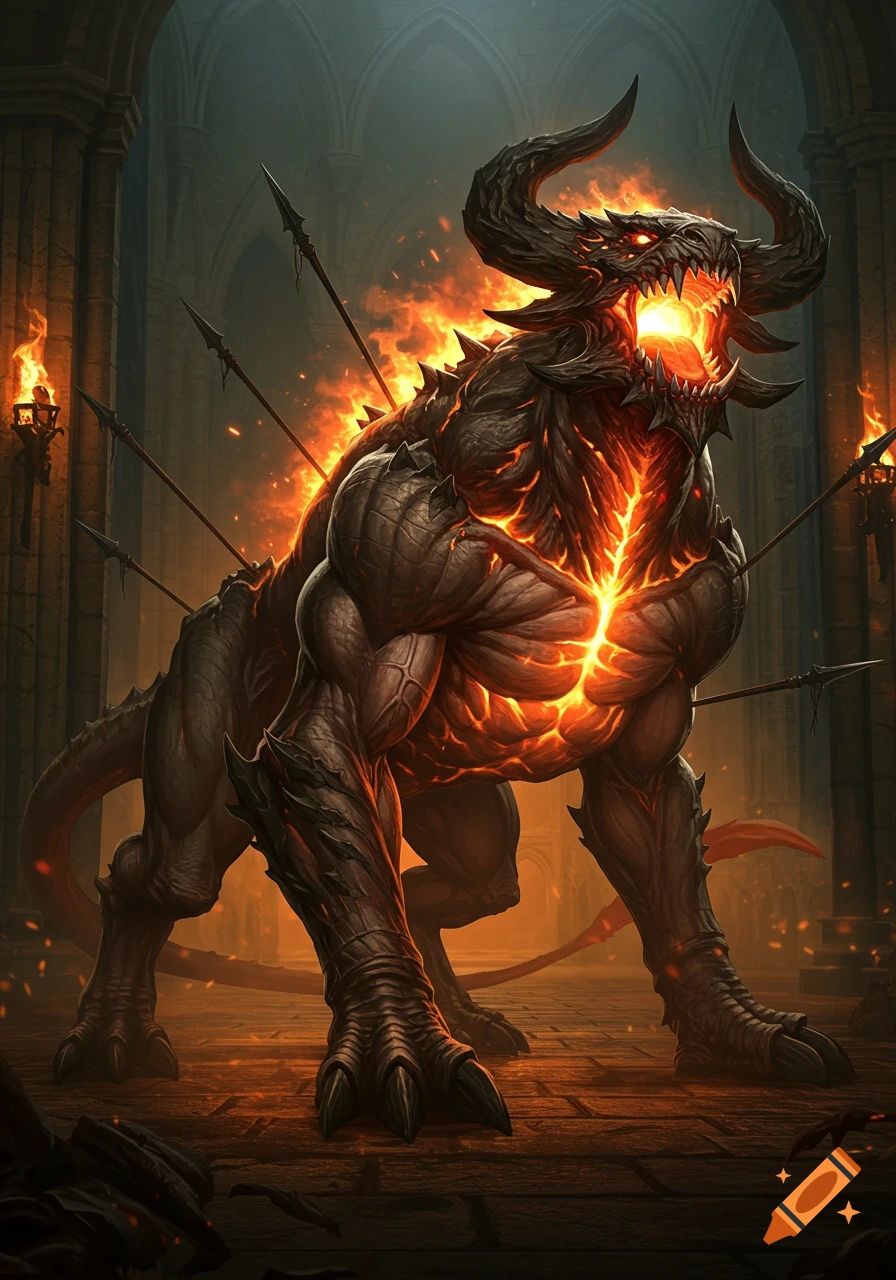 A formidable, muscular, horned demon beast, glowing with fiery energy and impaled with spears, roars in a dark castle.