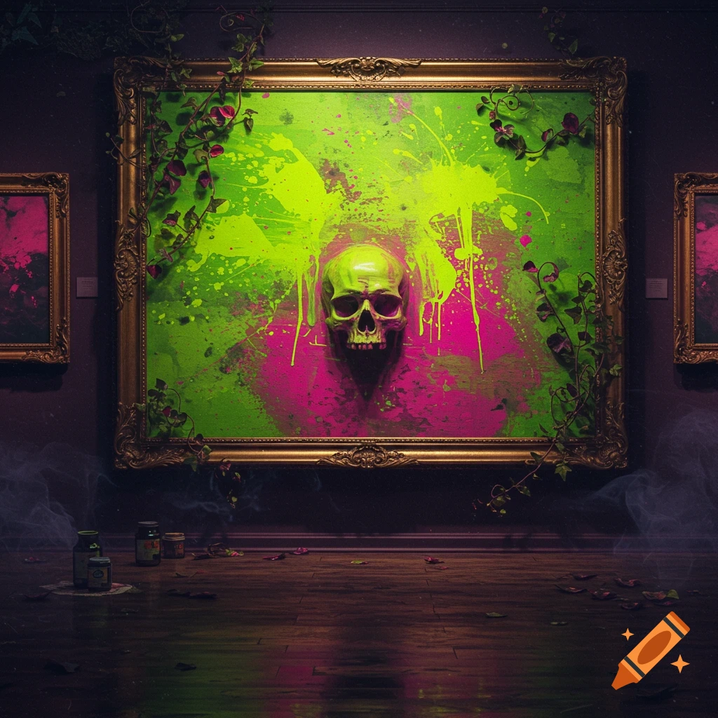 A neon green skull on a magenta and green paint-splattered canvas in a golden frame, set in a dark art gallery with ivy.