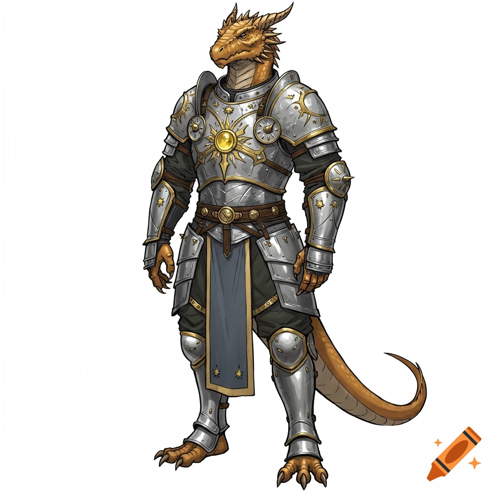 A brass dragonborn cleric in shining silver armor with gold sun emblems, standing on a white background, concept art.