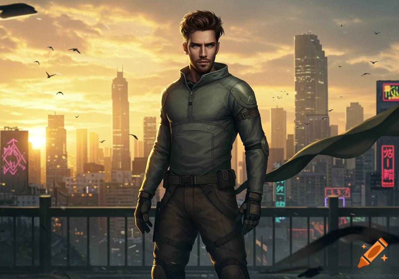 A man with brown hair and beard, wearing tactical green attire, stands on a rooftop overlooking a golden-lit cyberpunk city at sunset.