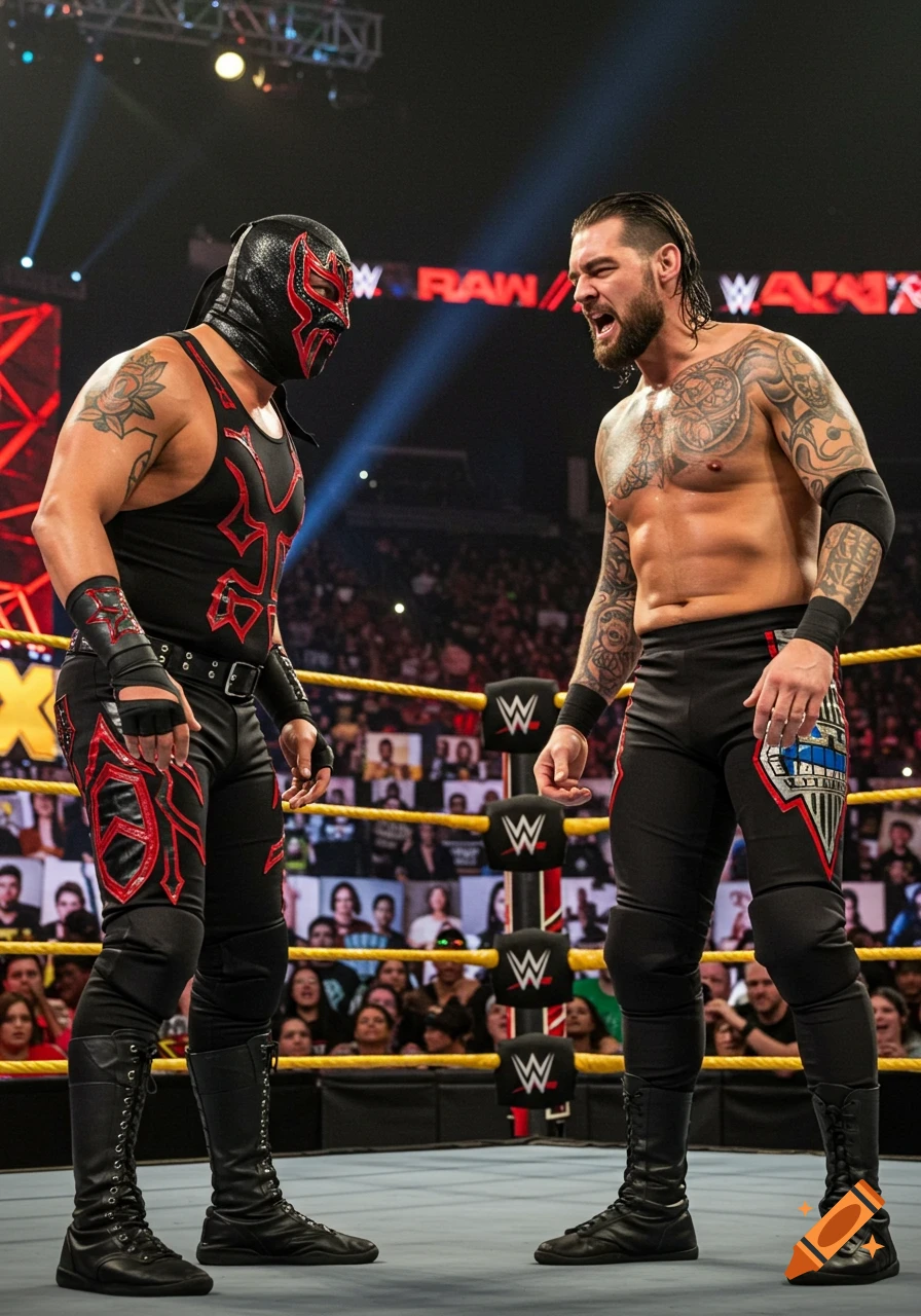 Two professional wrestlers, one masked in black and red and one shirtless with tattoos, stand facing each other intensely in a brightly lit wrestling ring.