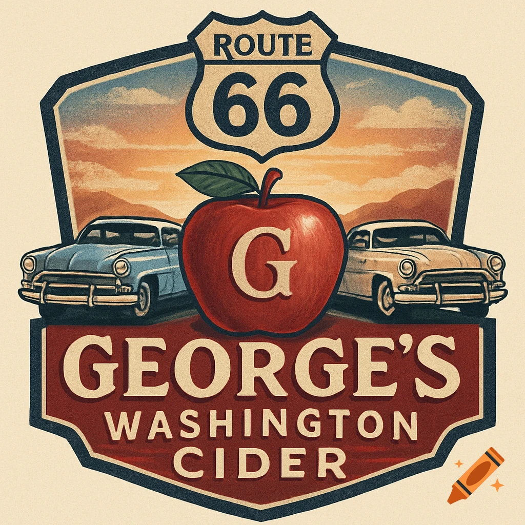 Vintage logo for George's Washington Cider with Route 66 sign, classic cars, and a red apple with 'G'.