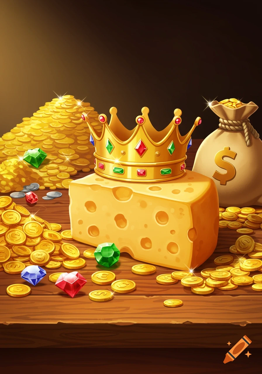 A cartoon block of Swiss cheese wearing a gold crown, surrounded by piles of gold coins, colorful gems, and a money bag on a wooden table.